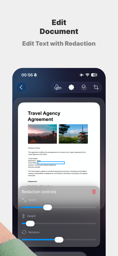 Sign & Edit Docs - モバイルアプリのインターフェースで、幅と高さのスライダーを調整できるドキュメントの機密情報保護とテキスト編集ツールが表示されている様子