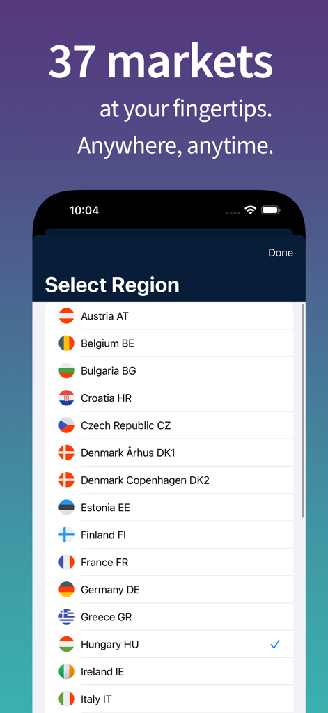 Select region screen in ELEX app displaying a list of 37 European electricity markets.