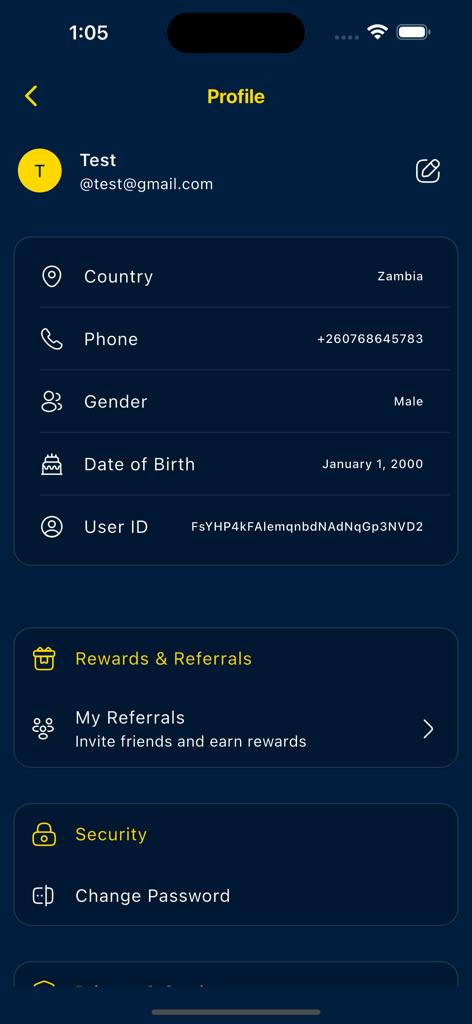 Let's GO - User profile interface of the Let's GO super app showing personal details and account settings.