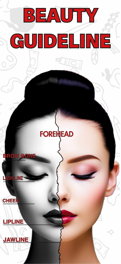 Um rosto dividido mostrando um esboço em tons de cinza à esquerda e uma aplicação de maquiagem colorida à direita com rótulos para características faciais como osso da sobrancelha e linha dos cílios.