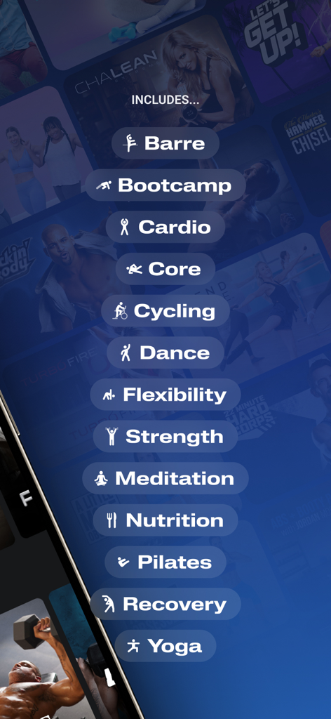Un menu listant les diverses catégories d'entraînement disponibles dans l'application BODi telles que Barre, Bootcamp, Cardio et Force
