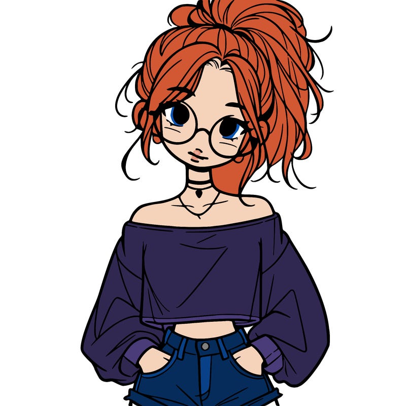 girl with a messy ponytail glasses a baggy crop top and jean shorts