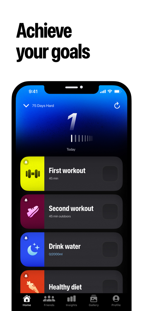 BeHard app interface showing daily fitness tasks for the 75 day challenge