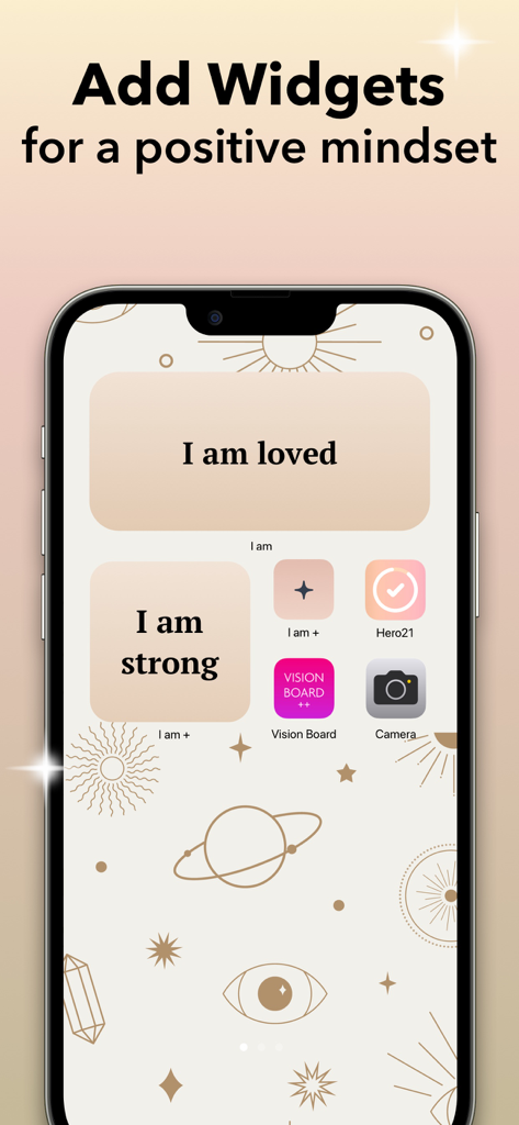 I am + AI Affirmations Widget - Pantalla de inicio de iPhone que muestra widgets estéticos con afirmaciones positivas como Yo soy amado y Yo soy fuerte.