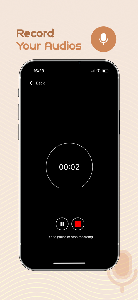 Interface do aplicativo Notely Voice para gravação de áudio, com um cronômetro e controles de gravação.