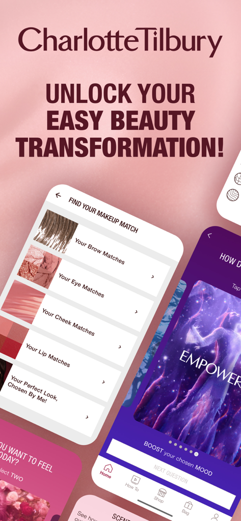 CHARLOTTE TILBURY: EASY BEAUTY - Charlotte Tilbury app interface showing makeup shade matching and beauty transformation options