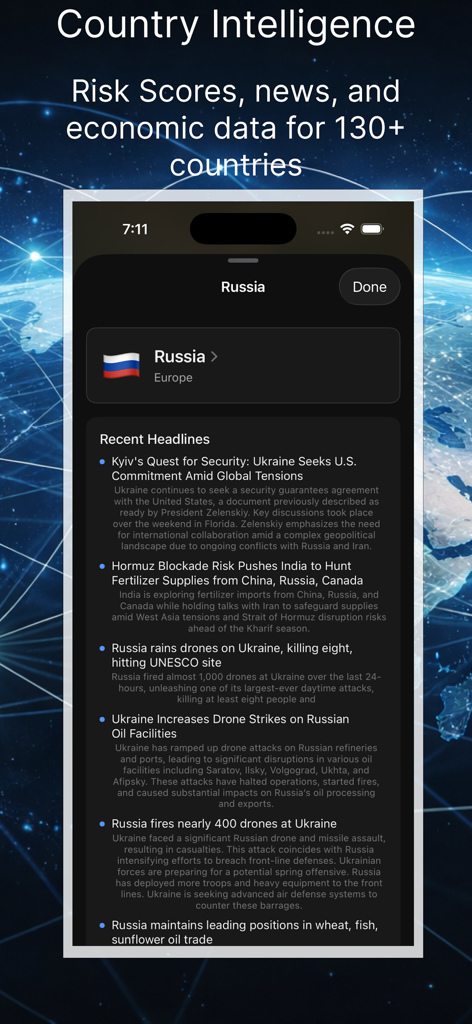 Atlas : Global Intelligence - Atlas app country intelligence screen showing geopolitical risk scores and recent headlines for Russia