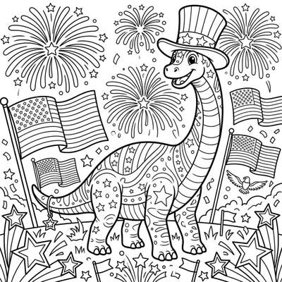 Get ready for a prehistoric party with this adorable sauropod dinosaur celebrating Independence Day! Adorned in a patriotic hat and surrounded by festive fireworks and American flags, this coloring page offers a unique blend of prehistoric charm and national pride.
