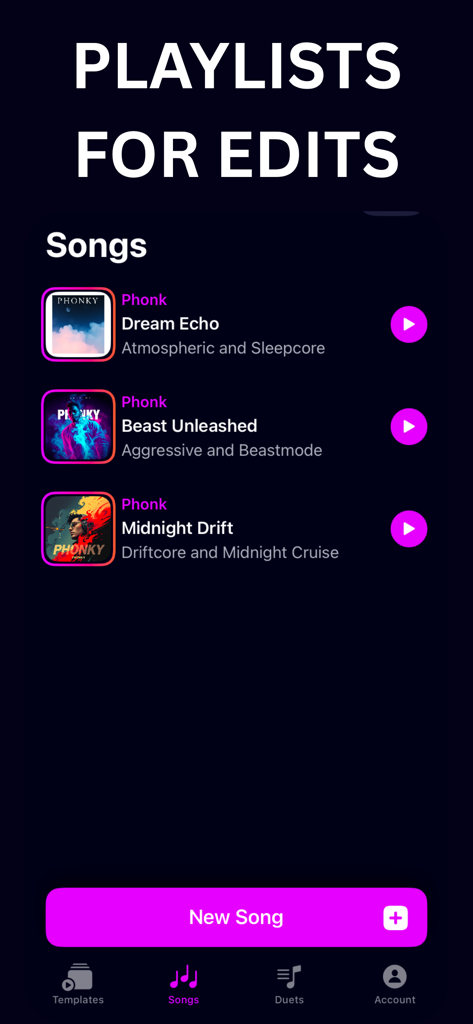 Schermata dell'app Phonk Maker che mostra un elenco di brani Phonk generati dall'IA per video edit con titoli come Dream Echo e Beast Unleashed