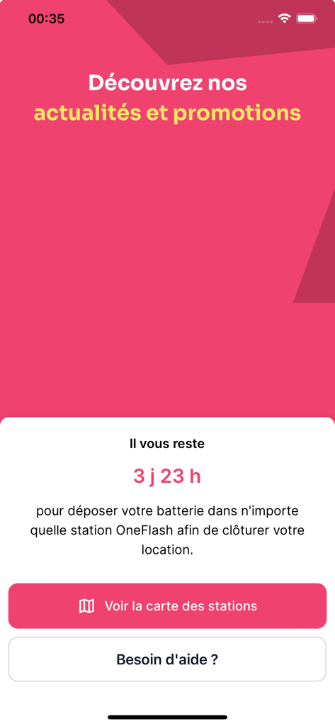 OneFlash app screen displaying a 3-day countdown for returning a rented portable power bank and a button to view the station map.