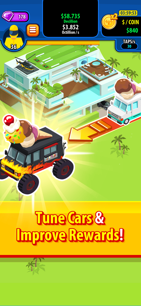 Crypto Trillionaire - In-game view of tuned ice cream trucks and a luxury villa in Crypto Trillionaire.