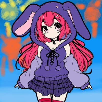 pretty anime girl wearing a fluffy hoodie with bunny ears on the hood and a skirt