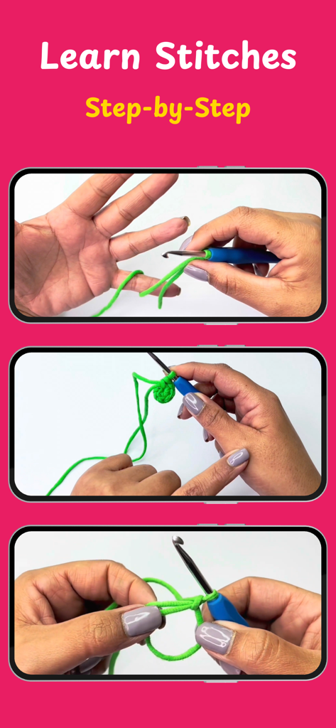 Three video frames demonstrating step-by-step crochet stitch techniques with a blue hook and green yarn