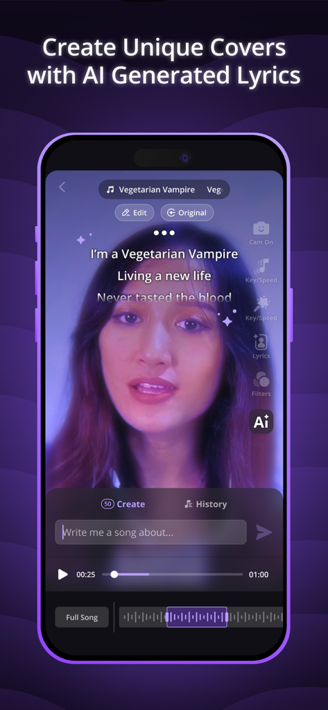 Mixit: Sing & Create Covers - Mixit mobile app interface showing a user singing with AI generated lyrics displayed on screen