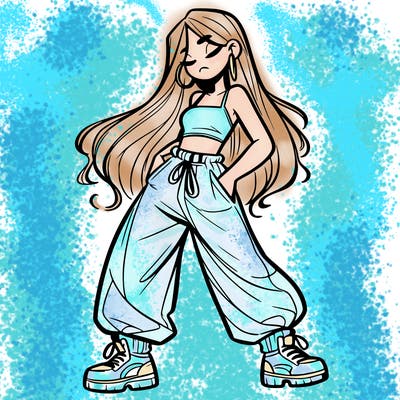 girl in baggy pants crop top and long hair