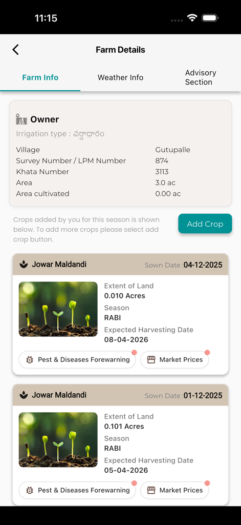AP AGRI - Mobile app interface displaying farm owner information and crop management details for Jowar Maldandi