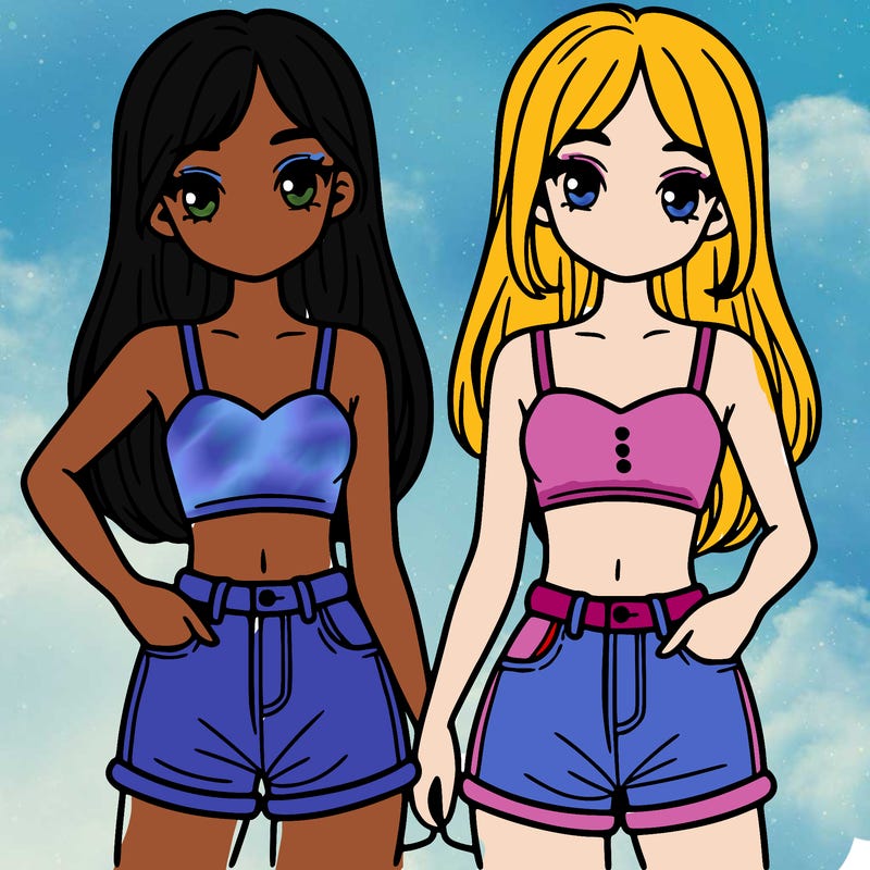 two sisters with crop tops and jean shorts and straight hair