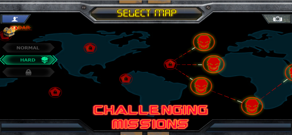 Defense Legend 2 - World map level selection screen in Defense Legend 2 with hard difficulty selected