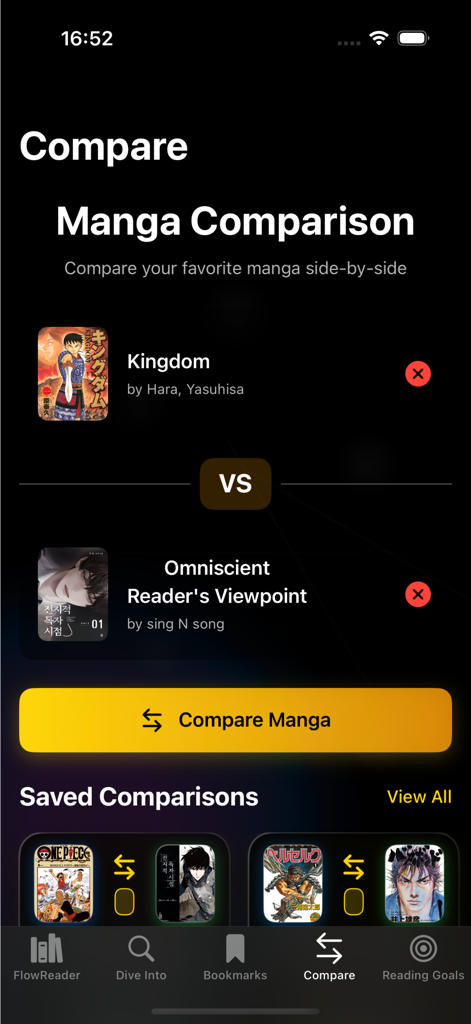 MangaBuddy : Manga Reader - MangaBuddy app interface showing the side-by-side manga comparison feature between two titles