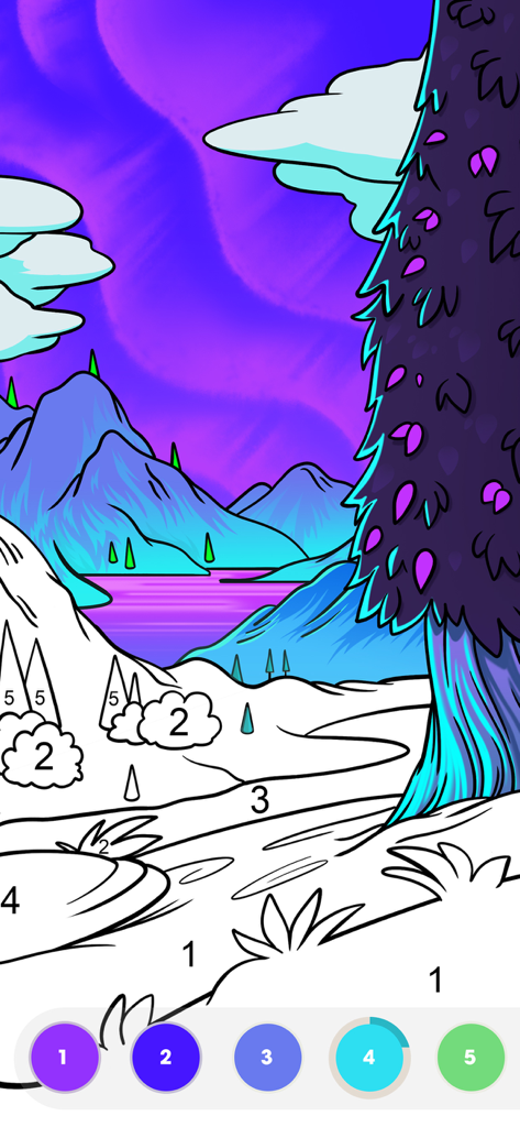 Una interfaz de juego digital de pintar por números que muestra un paisaje parcialmente coloreado con secciones numeradas.