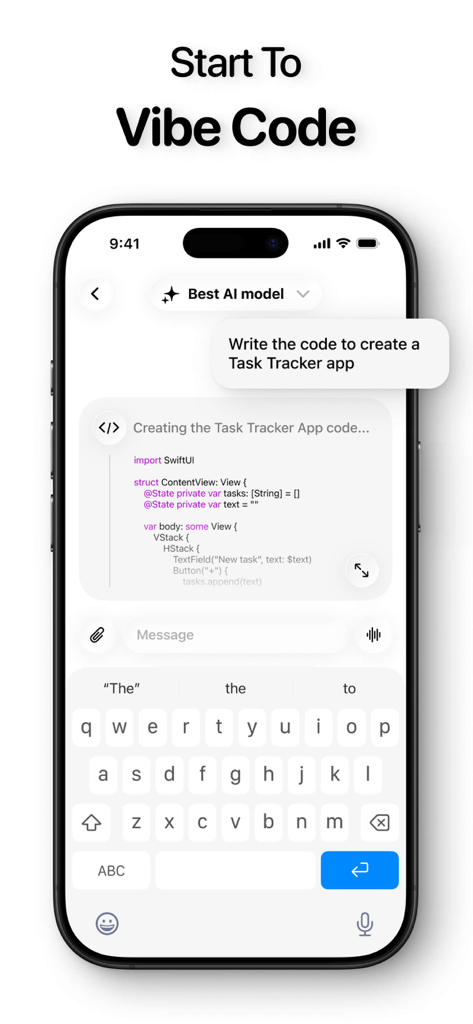Rork app interface showing an AI chatbot generating SwiftUI code for a Task Tracker app using vibe coding.