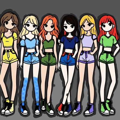 a group of girls wearing crop tops and shorts