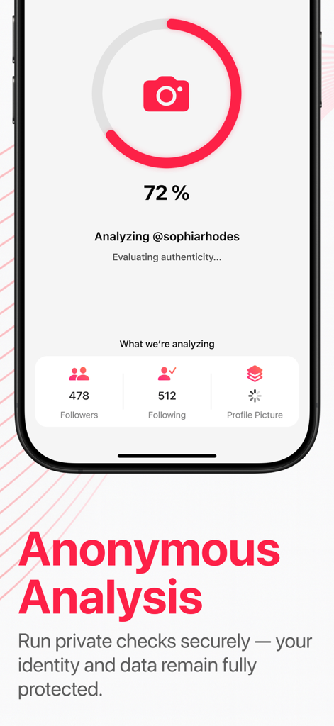 Cheater AI: Social Catfish - Smartphone screen showing an anonymous social media profile analysis for authenticity with the Cheater AI app.