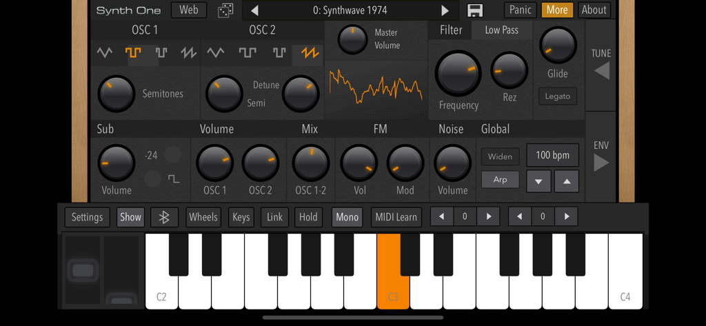 AudioKit Synth One synthesizer interface with vintage analog controls and virtual keyboard