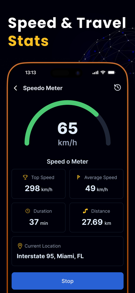 Mobile app screen displaying speedometer and travel statistics including speed and location on Interstate 95