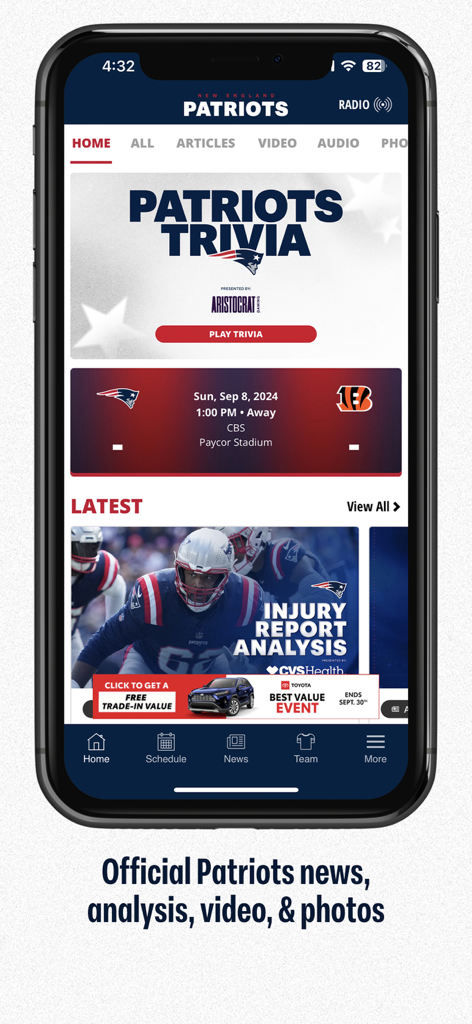 Home screen of the New England Patriots official app showing team news and trivia