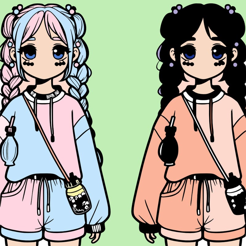 real girl with two braids with a baggy sweatshirt and shorts with boba