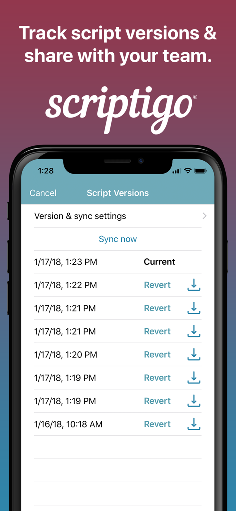 Interface of the Scriptigo Pro app showing a list of saved script versions with options to sync and revert to previous edits.