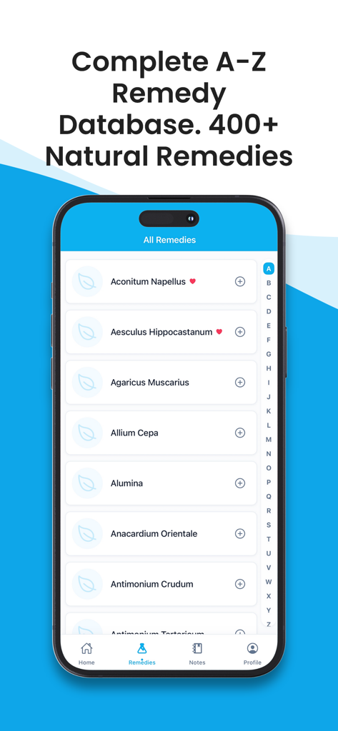Interfaz de la aplicación HomeoMate con una lista alfabética de remedios homeopáticos