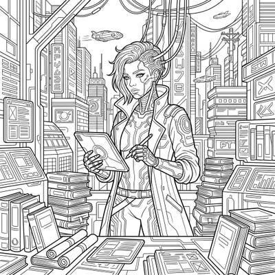 Immerse yourself in a visionary world where the wisdom of literary giants merges with the stark beauty of cyberpunk. This unique coloring page offers an intricate scene of intellectual pursuit in a high-tech, dystopian future.