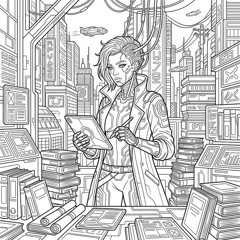 Immerse yourself in a visionary world where the wisdom of literary giants merges with the stark beauty of cyberpunk. This unique coloring page offers an intricate scene of intellectual pursuit in a high-tech, dystopian future.