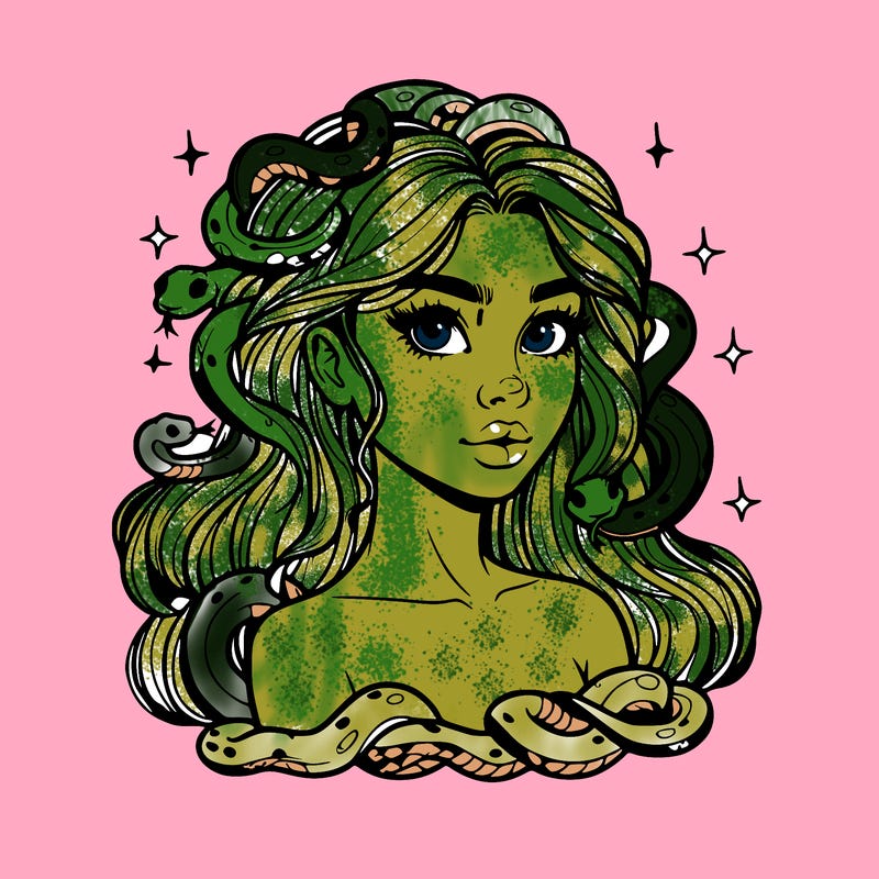 realistic girl with snakes as hair