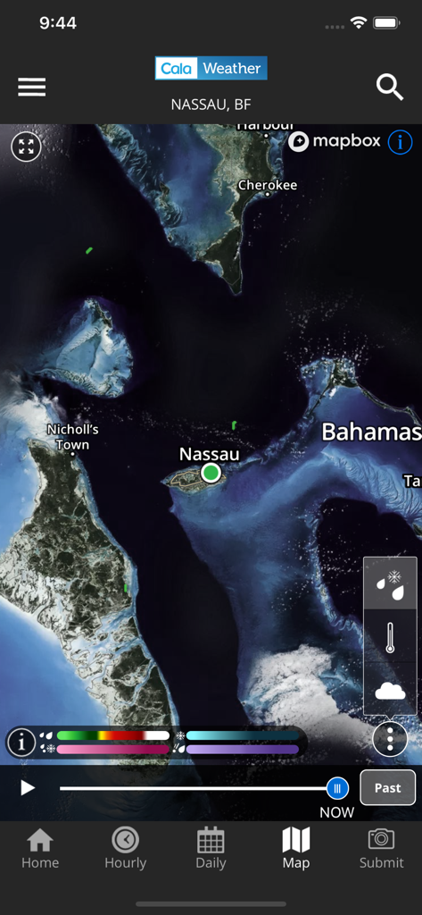 CalaWeather - CalaWeather app showing a high resolution satellite and radar map of Nassau Bahamas