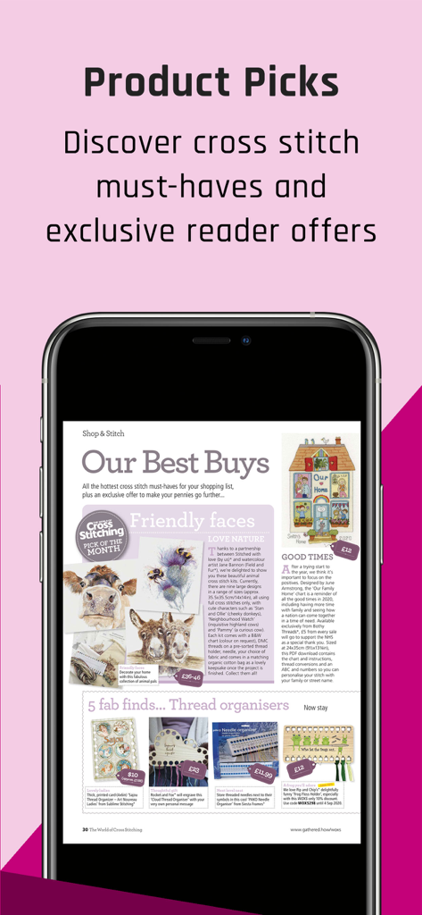 Uma tela de celular exibindo um guia de compras selecionado para padrões de ponto cruz e acessórios de linha.