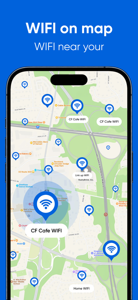 Portable Wifi Mobile Hotspot - CF Cafe WIFI와 같은 이름으로 표시된 다양한 근처 와이파이 핫스팟이 있는 지도를 보여주는 모바일 앱 인터페이스.