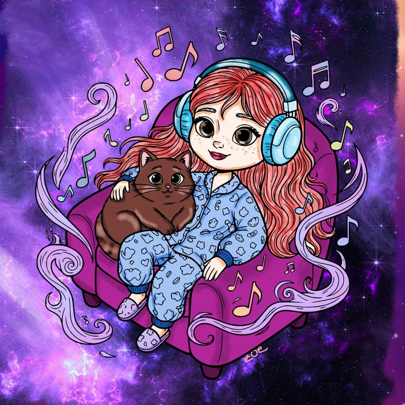 girl relaxing with cat nearby surrounded by music music notes and curls of wispy  ethereal and mystical energy wearing headphones and pjs