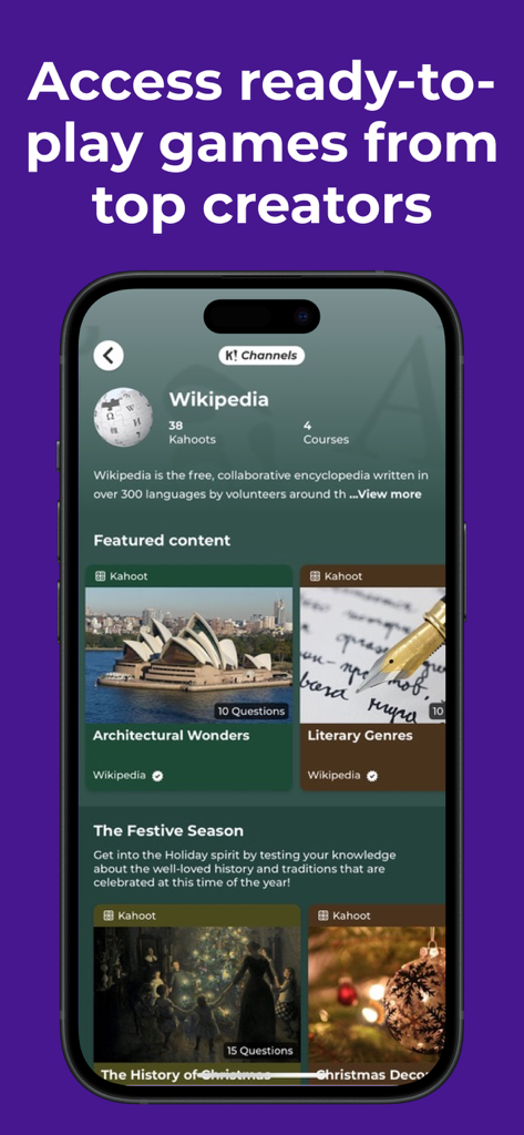 Kahoot app interface showing ready to play quiz games from top creators like Wikipedia