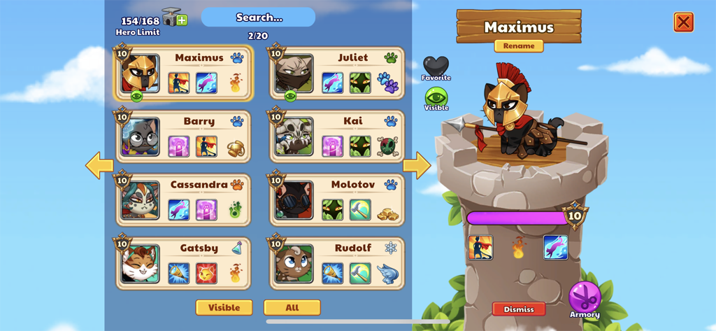 Hero management screen in Castle Cats showing a roster of cats and a Spartan warrior cat named Maximus on a tower.