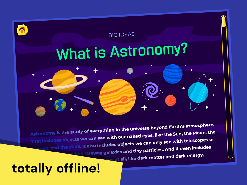 Educational screen explaining astronomy with colorful illustrations of planets and space