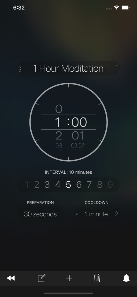MeditatorMate - MeditatorMate app interface showing configuration for a one hour meditation with interval preparation and cooldown settings