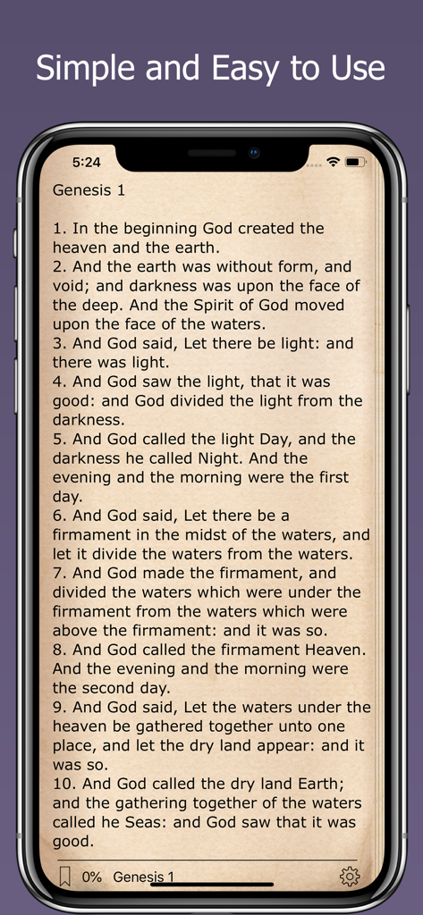 Holy Bible app displaying Genesis chapter 1 with a simple and clean interface on a parchment-style background.