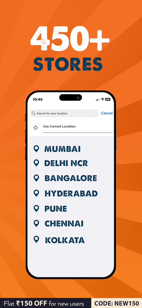 MOJO Pizza: Food Delivery App - Écran de l'application MOJO Pizza montrant la sélection de la ville et la recherche parmi plus de 450 points de vente.