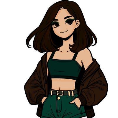 a realistic girl with a crop top and short shorts in an open jacket