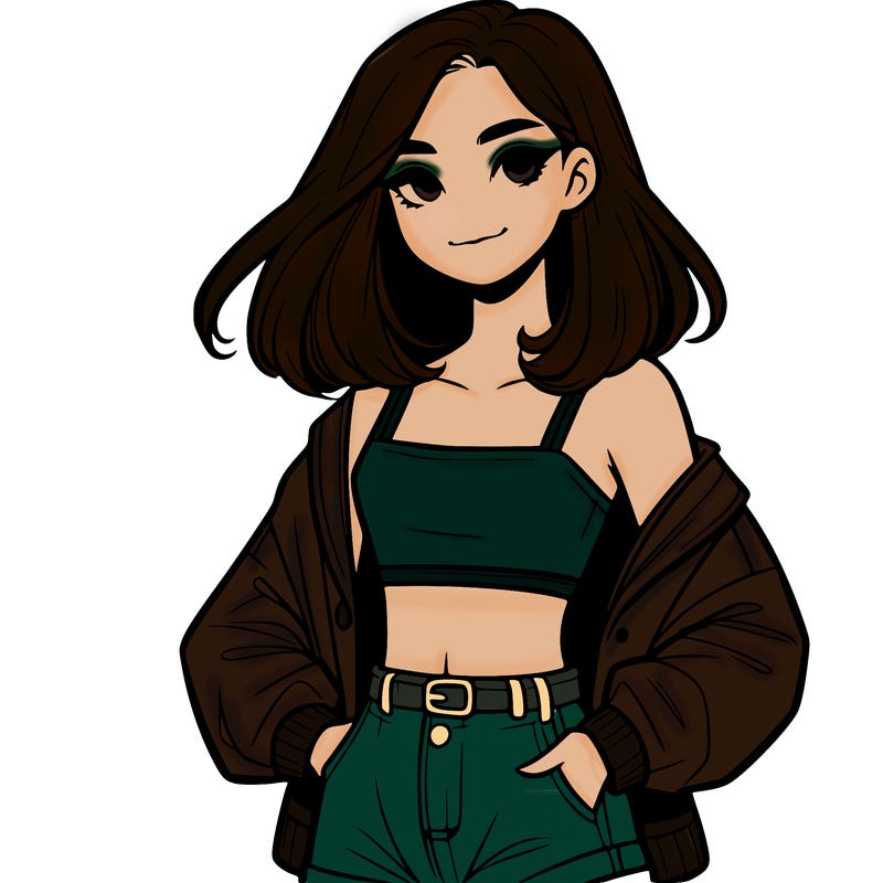 a realistic girl with a crop top and short shorts in an open jacket