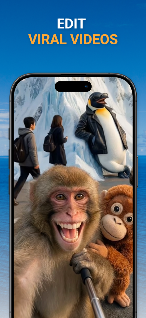 AI Video Generator: Create AI - La pantalla de un teléfono móvil mostrando un video surrealista generado por IA de un mono tomándose una selfie.