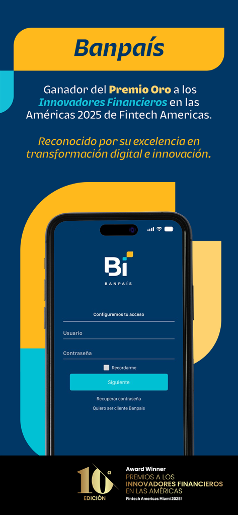 Banpaís - Écran de connexion de l'application mobile Banpaís présentant un prix pour l'innovation financière dans les Amériques 2025